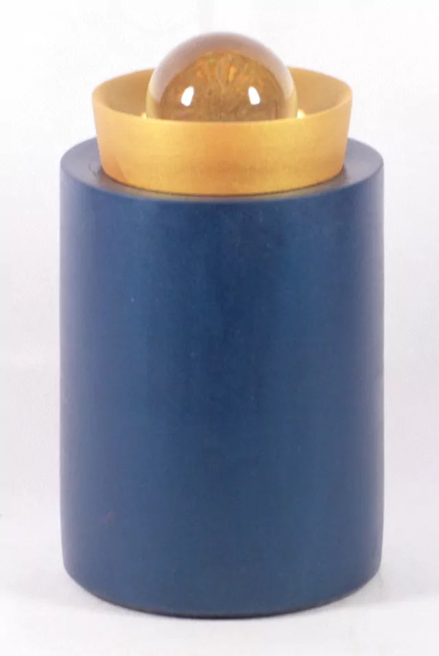 Holzurne blau/gold mit Kragen und Glaskugel als Deckel 0,5 Liter