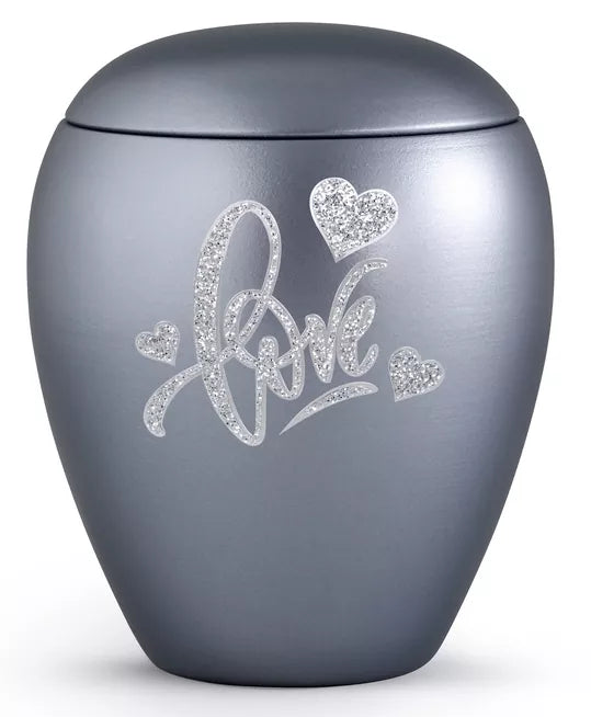 Tierurne Sparkling stahlgrau Love-Motiv silberfarben