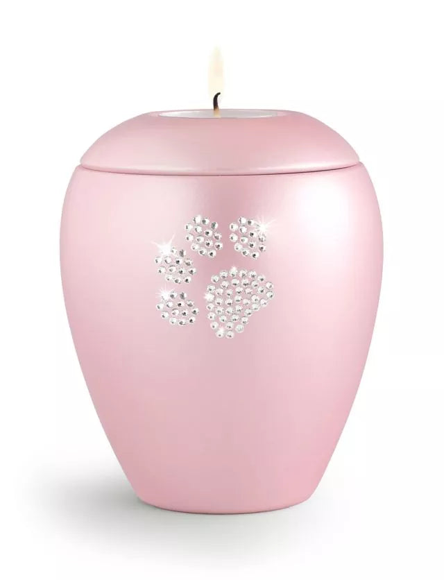 Keramikurne Kristall-Pfote rosé mit Gedenklicht