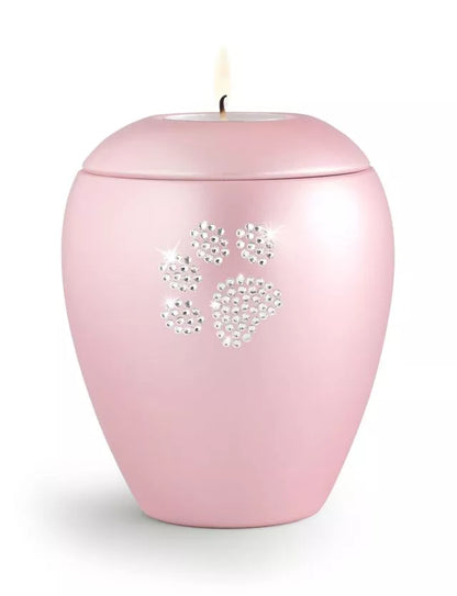 Keramikurne Kristall-Pfote rosé mit Gedenklicht