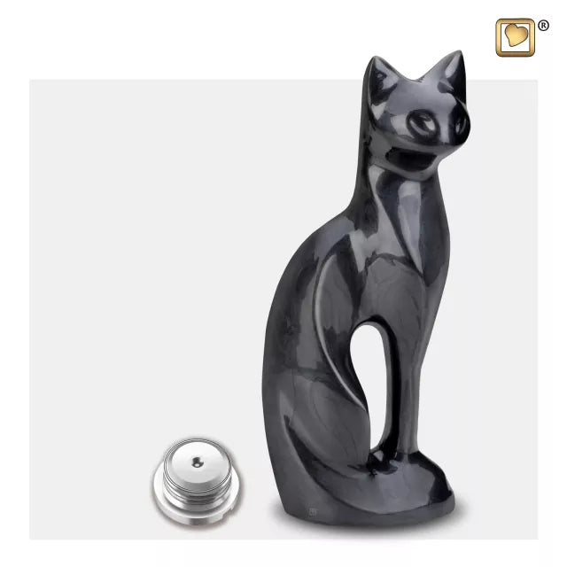 Messingurne Katzenform schwarz mit Verschluß