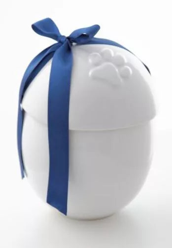 Tierurne Anjo mit royalblauem Band und Deckelmotiv Pfote