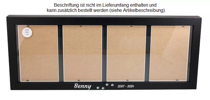 Beispiel einer Folienbeschriftung mit Name, Lebensjahre und Pfotenspur, Schriftart Courgette in weiß