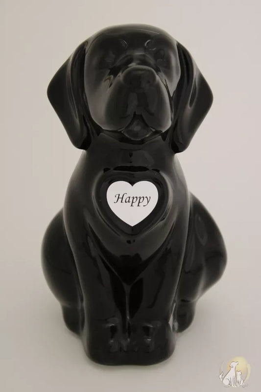 Beispielurne in Hundeform schwarz mit weißem Folienherz und Namen "Happy"