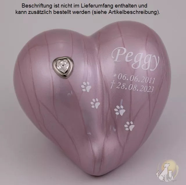 Herz pink 0,65 Liter, Beispiel Folienbeschriftung Name, Lebensdaten und Pfotenspur, Schrift B in weiß