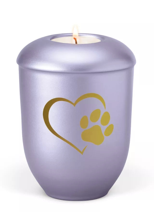 Tierurne Keramik Kerze Herz-Pfote violett