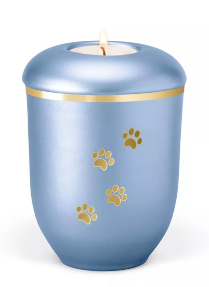 Tierurne Keramik Kerze Pfotenspur blau