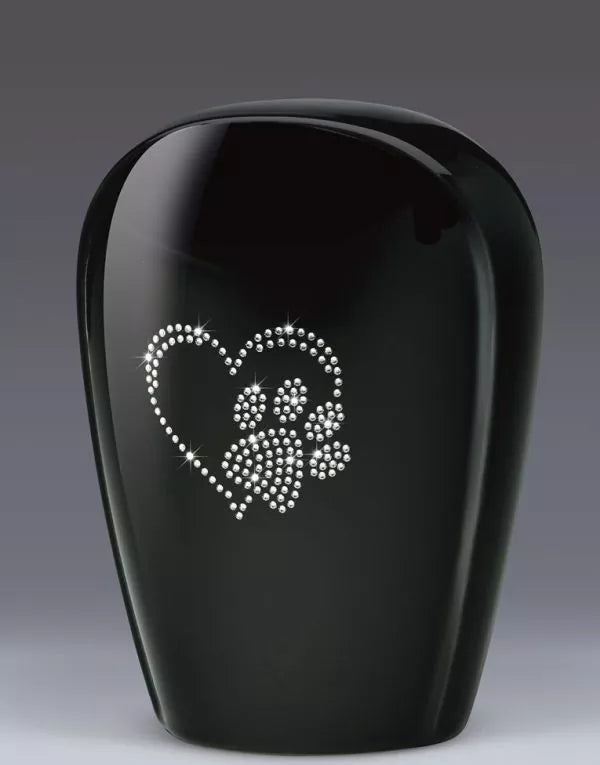Keramik-Tierurne mit Herz-Pfoten-Symbol aus Kristallen, schwarz glasiert