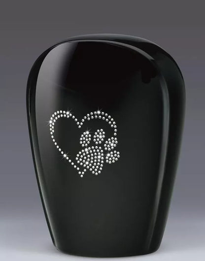 Keramik-Tierurne mit Herz-Pfoten-Symbol aus Kristallen, schwarz glasiert