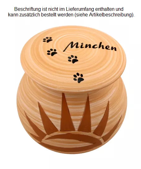 Beispiel einer Folienbeschriftung auf dem Deckel in schwarz mit Namen und Pfotenspur