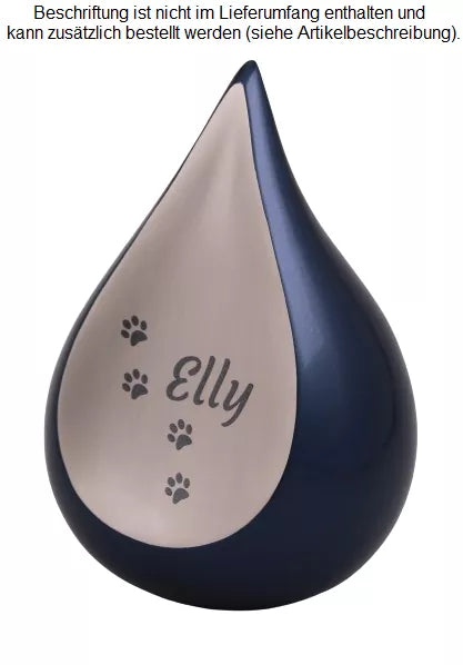 Tropfen 0,7 Liter blau mit Name in Schrift Corgette und Pfotenspur