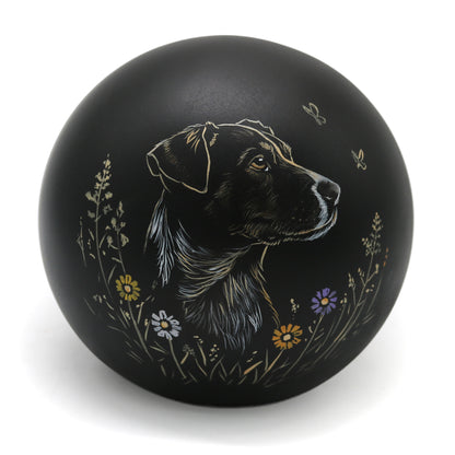 Schwarze Keramik-Tierurne in Kugelform mit handgemaltem Hundeporträt und Blumenfeld