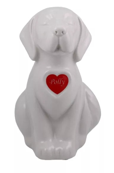 Beispielurne in Hundeform weiß mit rotem Folienherz und Namen