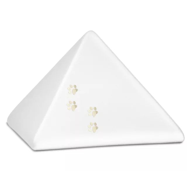 Tierurne Pyramide mit goldfarbener Pfotenspur weiß