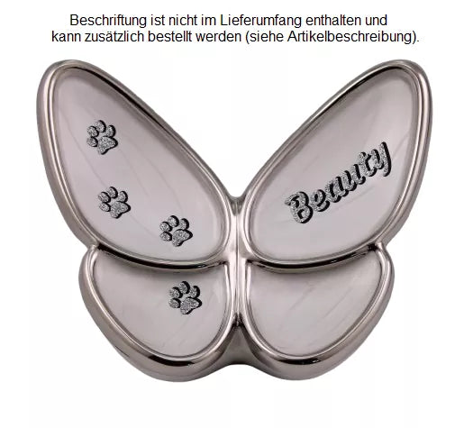 Beispiel Folienbeschriftung in Glitzer-Schatteneffekt mit Namen und Pfotenspur, Glitzer silberfarben, Schatten schwarz