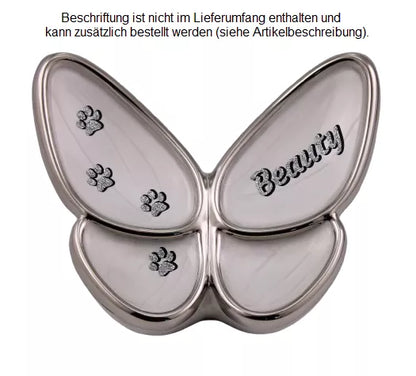 Beispiel Folienbeschriftung in Glitzer-Schatteneffekt mit Namen und Pfotenspur, Glitzer silberfarben, Schatten schwarz
