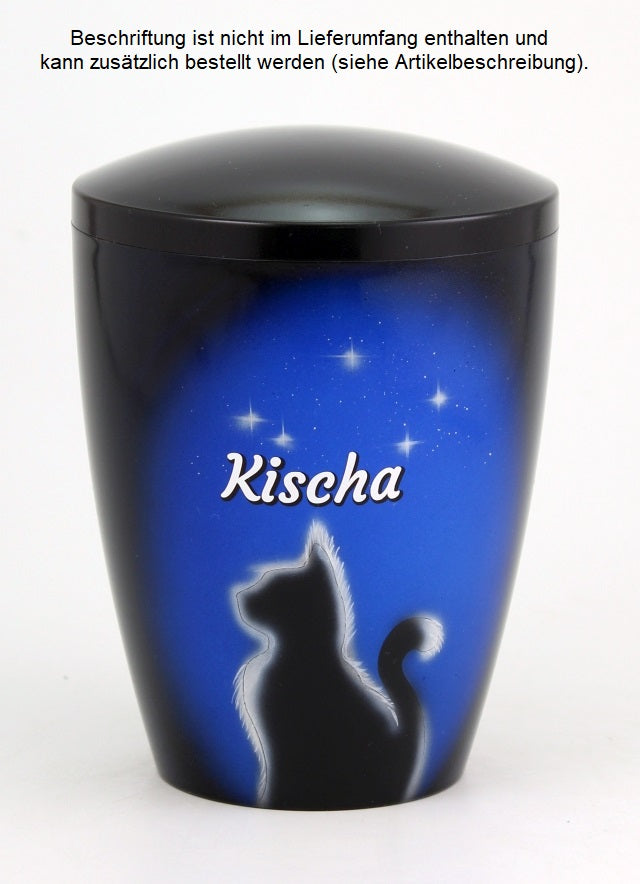 Tierurne Airbrush Katze Sternenhimmel, Folienbeschriftung Schatteneffekt in weiß Schatten schwarz