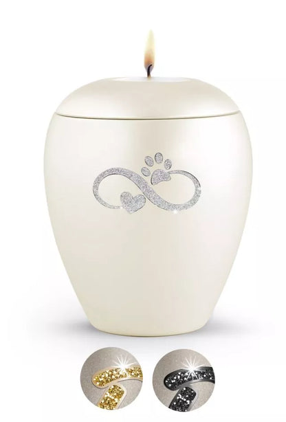 Tierurne Sparkling champagner Infinity-Motiv silberfarben mit Gedenklicht