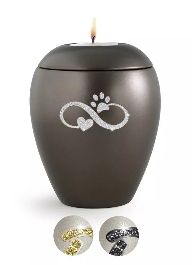 Tierurne Sparkling chokolat Infinity-Motiv silberfarben mit Gedenklicht