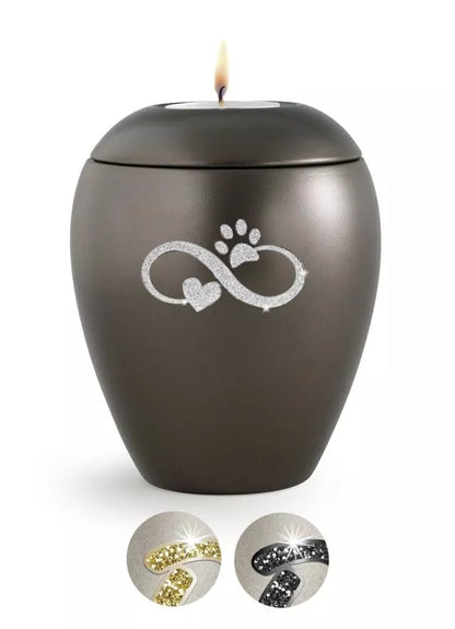 Tierurne Sparkling chokolat Infinity-Motiv silberfarben mit Gedenklicht
