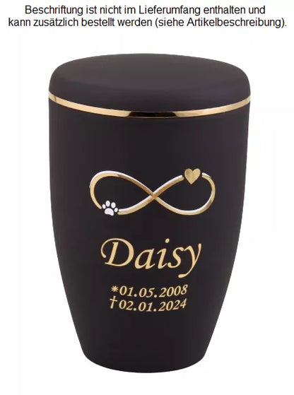 Tierurne Herz Pfote Unendlich anthrazit 1,0 Liter, Folienbeschriftung Name und Lebensdaten, Schrift Blacky goldfarben