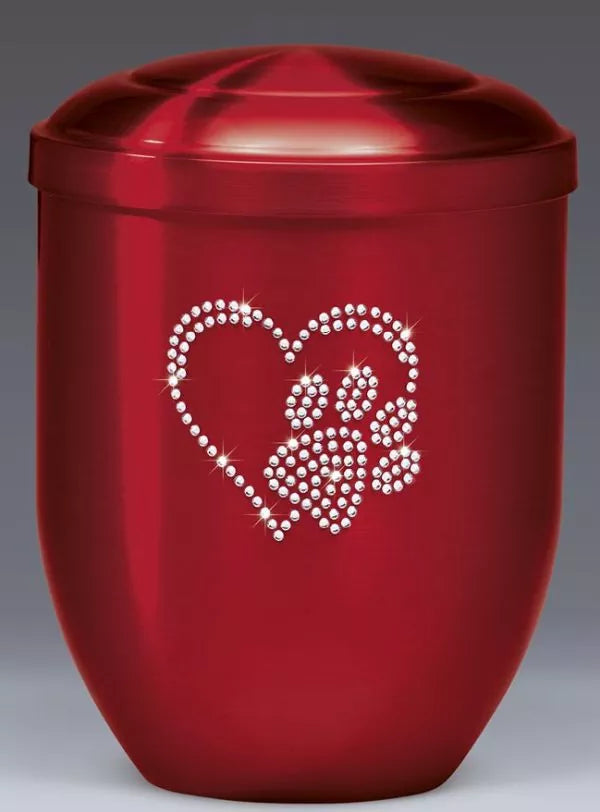 Tierurne Kupfer Haube Herz-Pfote-Kristalle bordeaux