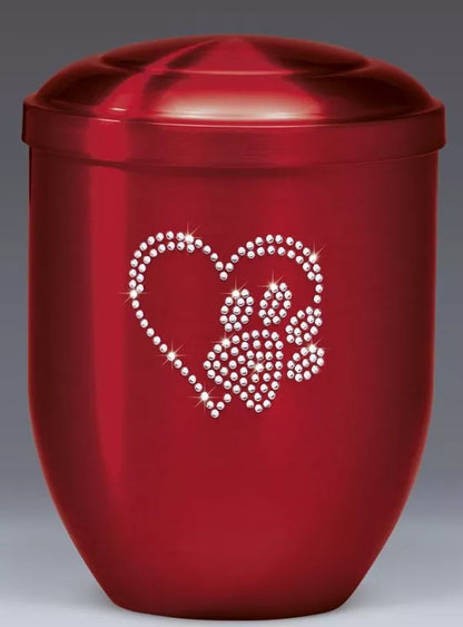 Tierurne Kupfer Haube Herz-Pfote-Kristalle bordeaux
