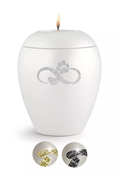 Tierurne Sparkling perlmutt Infinity-Motiv silberfarben mit Gedenklicht