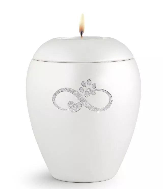Tierurne Sparkling perlmutt Infinity-Motiv silberfarben, mit Gedenklicht