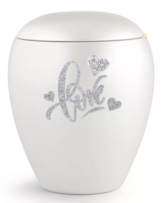 Tierurne Sparkling perlmutt Love-Motiv silberfarben