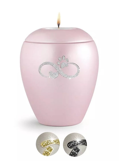 Tierurne Sparkling rose Infinity-Motiv silberfarben mit Gedenklicht
