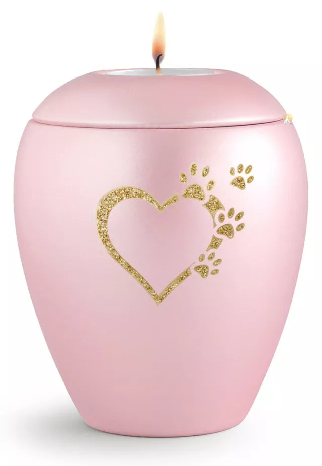 Tierurne Sparkling rose Herz-Pfoten-Motiv goldfarben, mit Gedenklicht