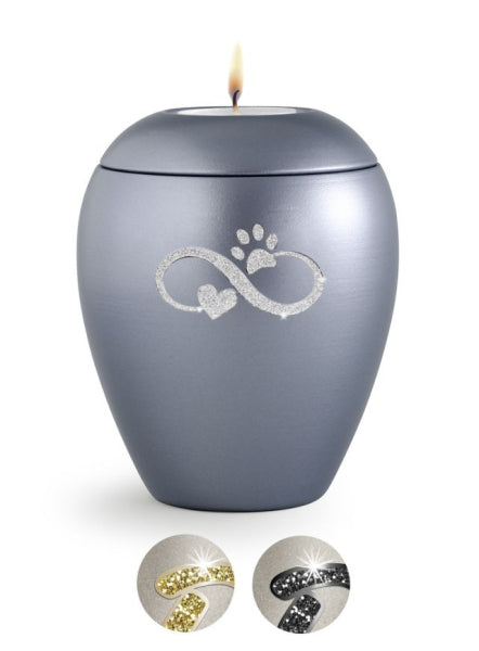 Tierurne Sparkling stahlgrau Infinity-Motiv silberfarben mit Gedenklicht