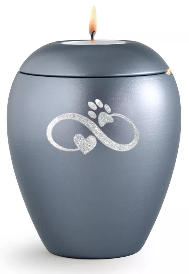 Tierurne Sparkling stahlgrau Infinity-Motiv silberfarben, mit Gedenklicht