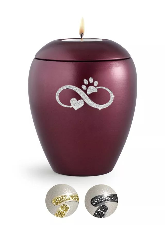 Tierurne Sparkling weinrot Infinity-Motiv silberfarben mit Gedenklicht