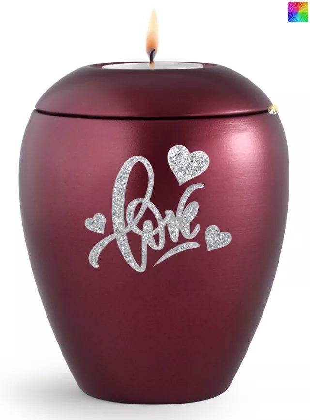 Tierurne Sparkling weinrot Love-Motiv silberfarben, mit Gedenklicht