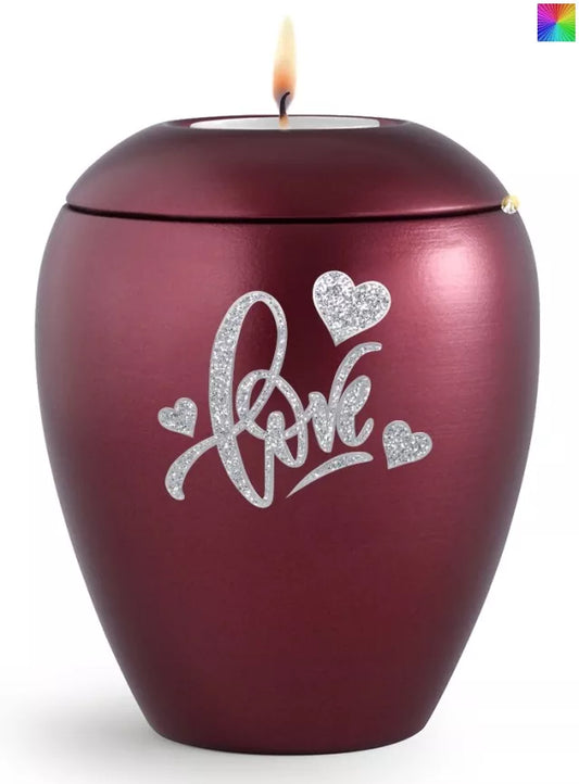 Tierurne Sparkling weinrot Love-Motiv silberfarben, mit Gedenklicht