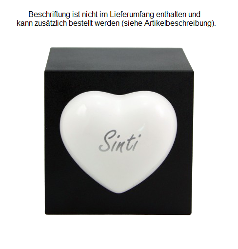 Tierurne Würfel mit Herz in schwarz, Herz weiß, 1,3 Liter, Folienbeschriftung silberfarben, Schriftart Minka
