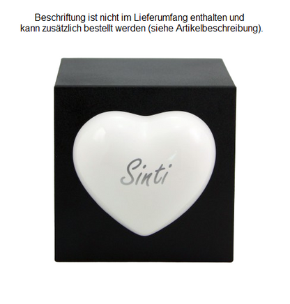 Tierurne Würfel mit Herz in schwarz, Herz weiß, 1,3 Liter, Folienbeschriftung silberfarben, Schriftart Minka