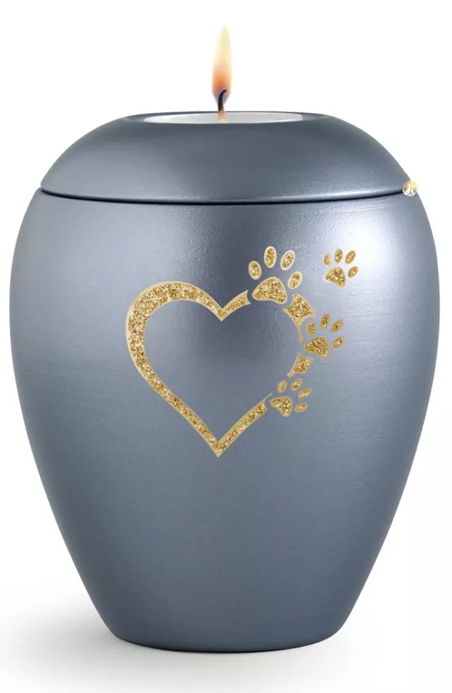 Tierurne Sparkling stahlgrau Herz-Pfoten-Motiv goldfarben, mit Gedenklicht