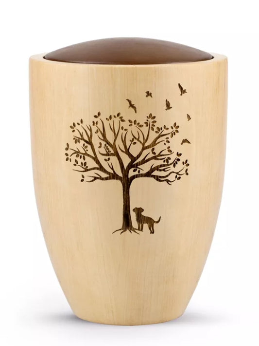 Holztierurne Timber mit Lasergravur Motiv Baum mit Hund