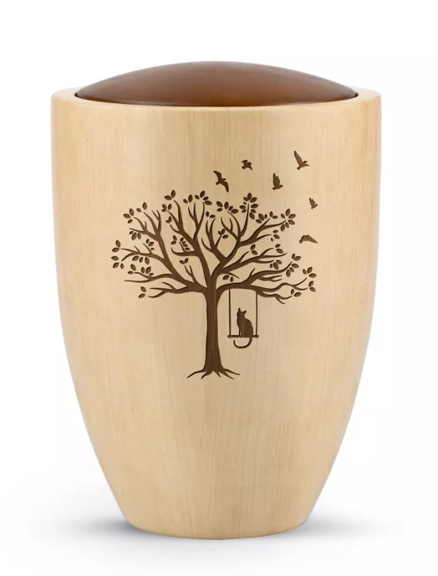 Holztierurne Timber mit Lasergravur Motiv Baum mit Katze