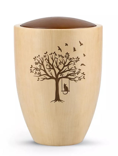 Holztierurne Timber mit Lasergravur Motiv Baum mit Katze