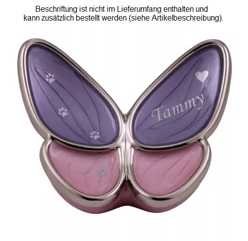 Tierurne Schmetterling rosa 0,4 Liter, Folienbeschriftung Name und Pfotenspur, Blacky silberfarben