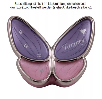 Tierurne Schmetterling rosa 0,4 Liter, Folienbeschriftung Name und Pfotenspur, Blacky silberfarben