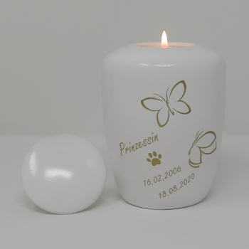 Preview: Beispiel Handbemalung (goldfarben) auf Tierurne Schmetterlinge, weiß