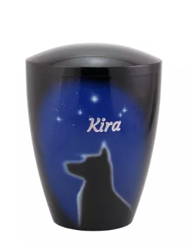 Beispiel Folienbeschriftung mit Schatteneffekt, Folie silber, Schatten weiß auf Tierurne Airbrush Hund Art. Nr. 833007