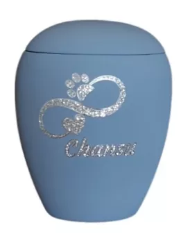 Beispiel Motiv Infinity Pfote-Herz und Name Chansu auf Urne Siena 0,5 Liter himmelblau (Art.Nr. 804393)