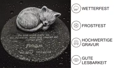 Gedenkplatte Katze aus Natursteinschiefer, Steinguß-Katze in grau, Gravur-Beispiel und Qualitätsmerkmale