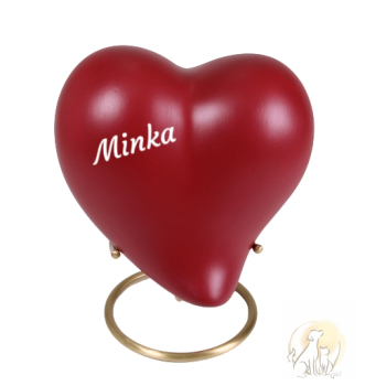 Preview: Tierurne in Herzform in der Farbe Rot mit goldfarbenem Ständer und Namen in weiß Schrift 2